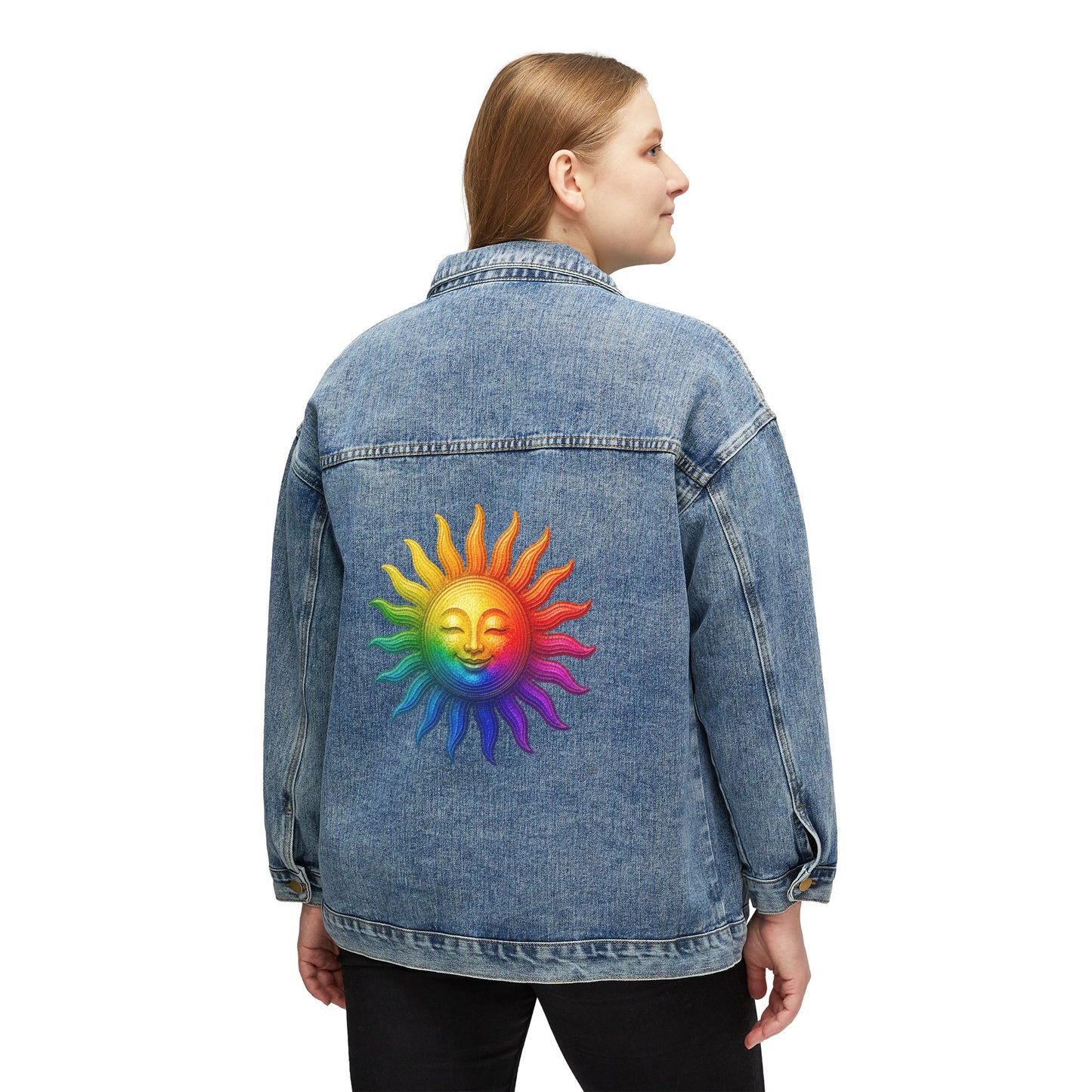 Women's Original Oversized Denim Jacket with Happy Sun Back Graphic | Psychic Stew