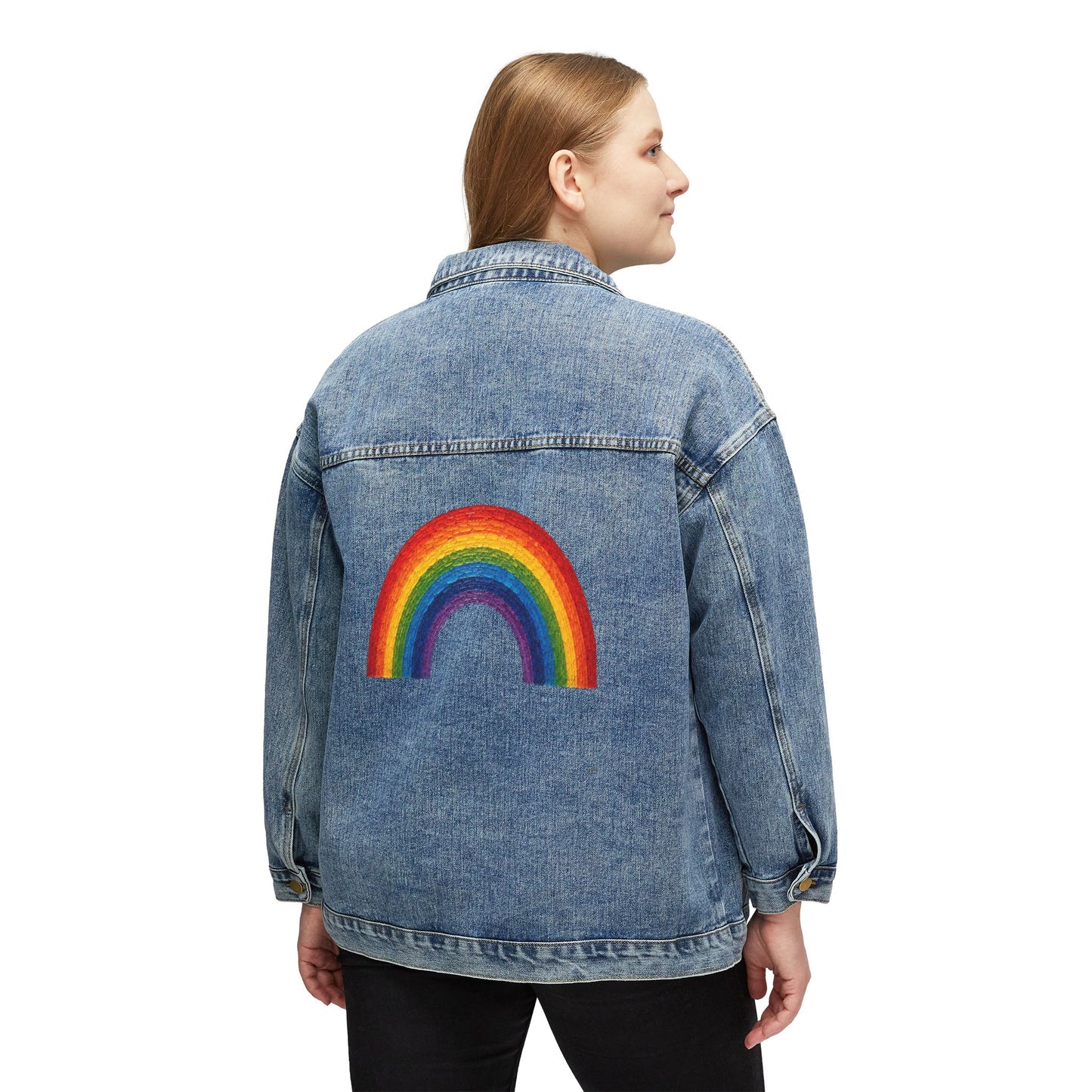 Women's Original Oversized Denim Jacket with Painted Rainbow Back Graphic | Psychic Stew