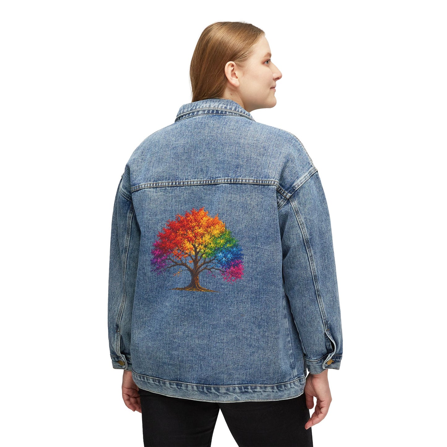 Women's Original Oversized Denim Jacket with Colorful Tree Back Graphic | Psychic Stew