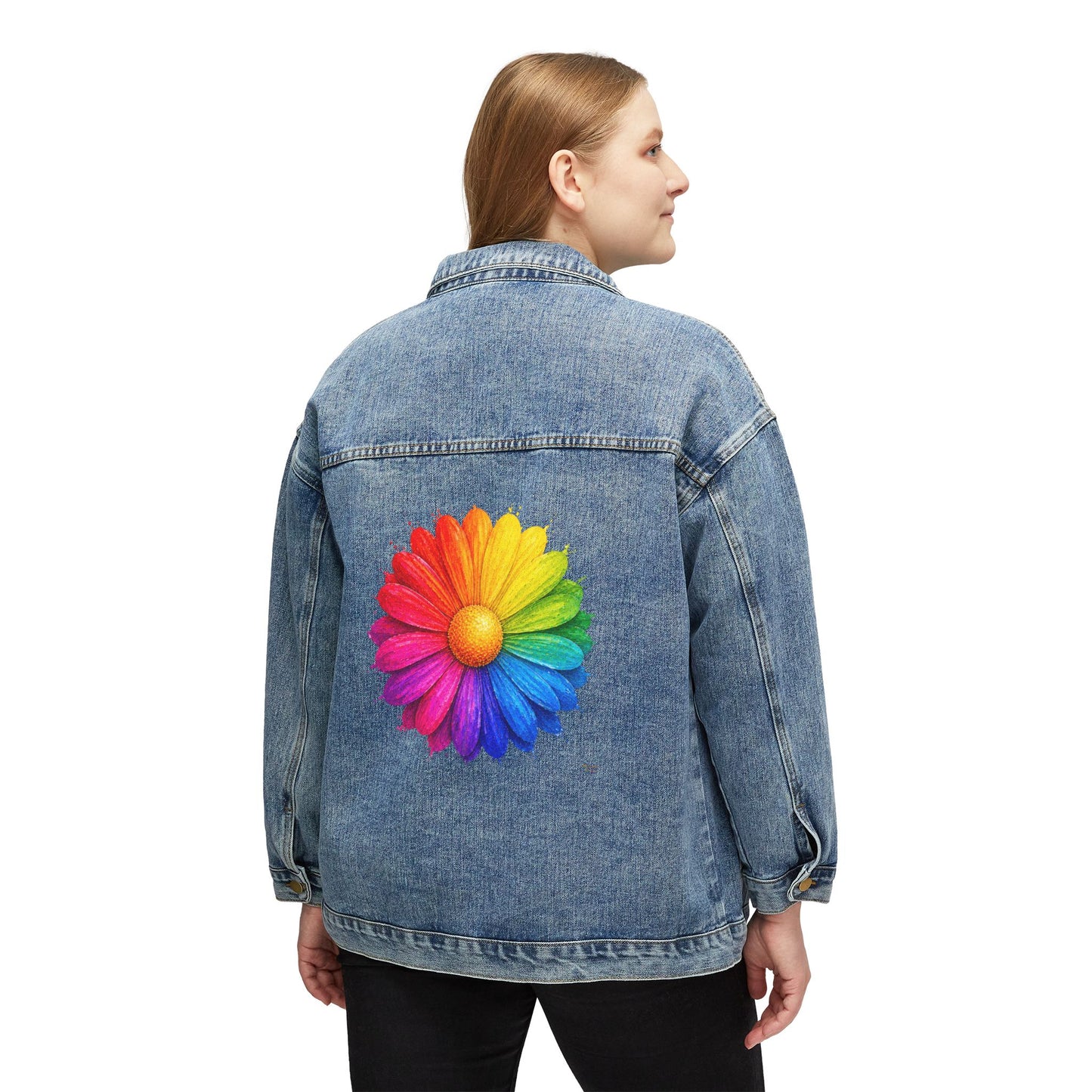 Women's Original Oversized Denim Jacket with Bright Flower Back Graphic | Psychic Stew