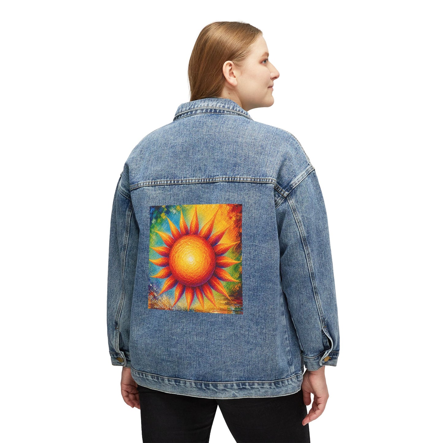 Women's Original Oversized Denim Jacket with Painted Sun Back Graphic | Psychic Stew