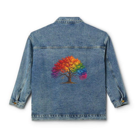 Women's Original Oversized Denim Jacket with Colorful Tree Back Graphic | Psychic Stew