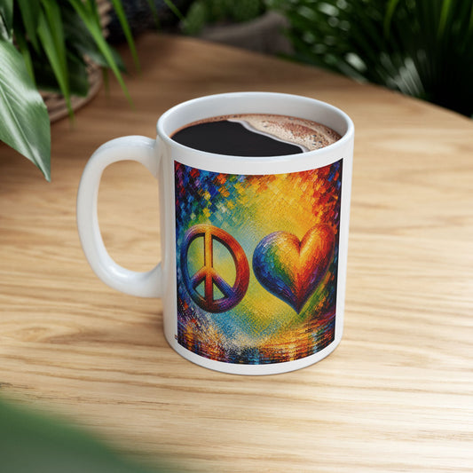 Good Vibes Painted Peace and Love Mug | Ceramic Coffee Mug 11oz. | 15oz.