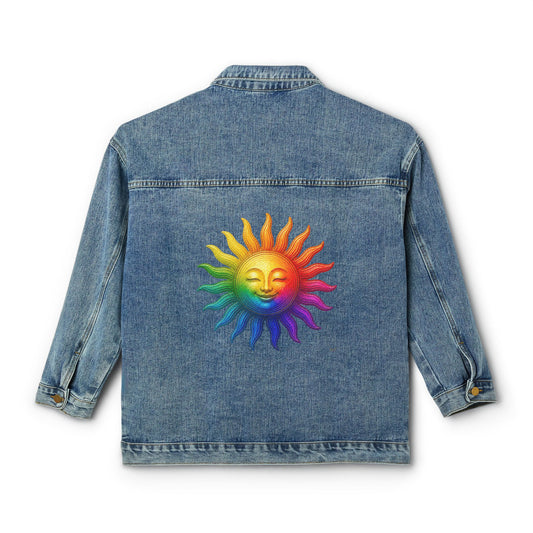 Women's Original Oversized Denim Jacket with Happy Sun Back Graphic | Psychic Stew
